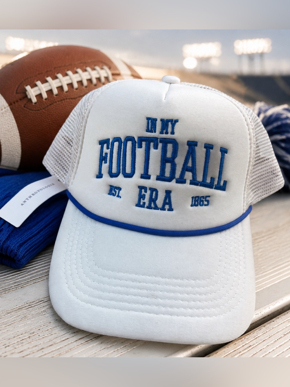 Anthropologie Worn/West Football Era Hat Blue White Hard to Find NWT
